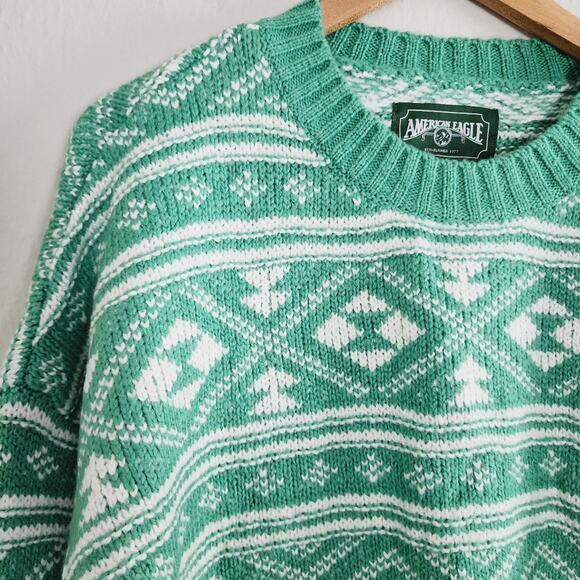 NWT American Eagle Green Fair Isle "Snow Drift" Sweater L Crew Neck - Picture 5 of 9